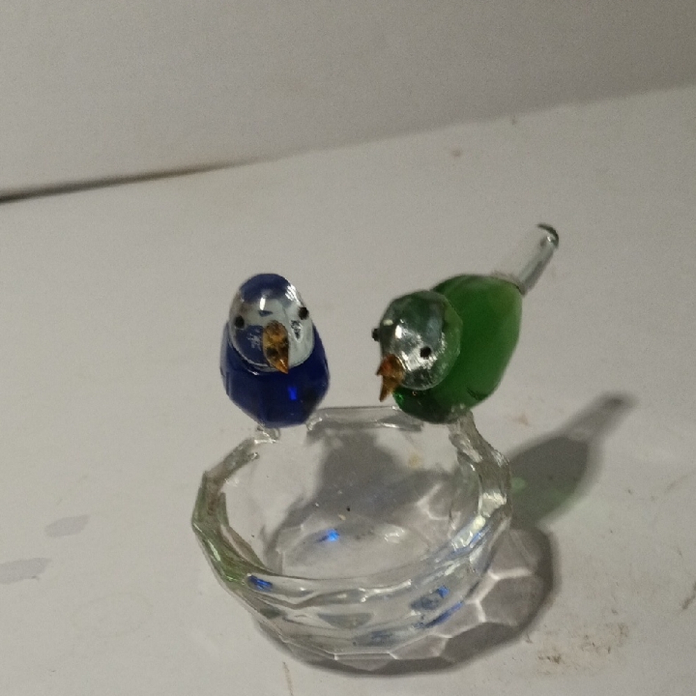 Swarovski Blue and Green Glass Bird Feeder Pair Vintage